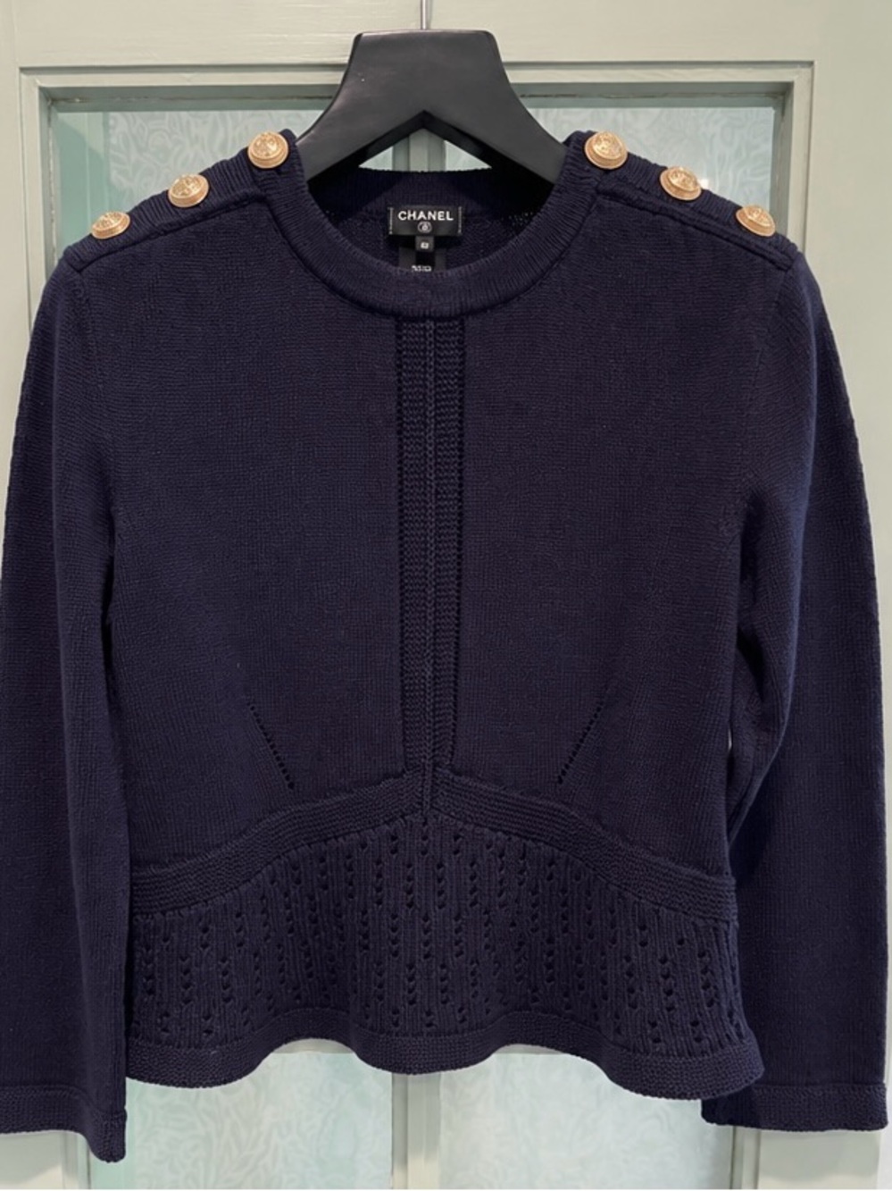 CHANEL Navy Knit Sweater with Signature CC Gold Button Shoulders – Size 40